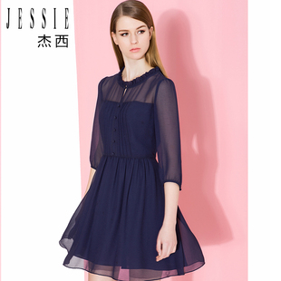 jessie杰西女装夏正品欧洲站性感时尚立领网纱显瘦修身雪纺连衣裙