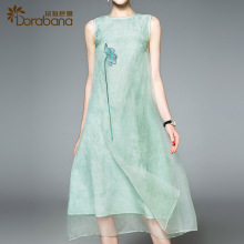 真丝连衣裙2017长款女夏朵拉芭娜圆领无袖大摆裙欧根纱绣花背心裙图片