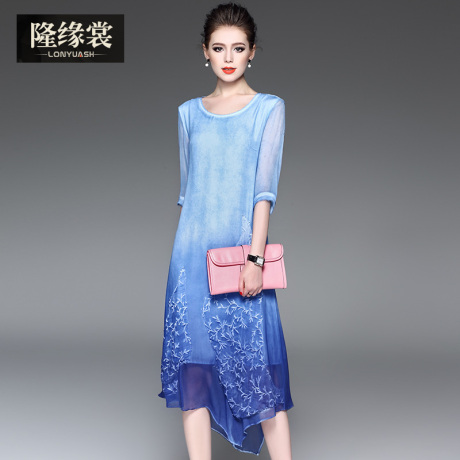 隆缘裳春装2017新款女时尚绣花真丝中袖圆领宽松不规则连衣裙2070商品大图