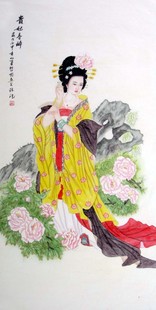 纯手绘国画四尺条幅工笔古代美女人物贵妃赏花仕女图客厅装饰画20
