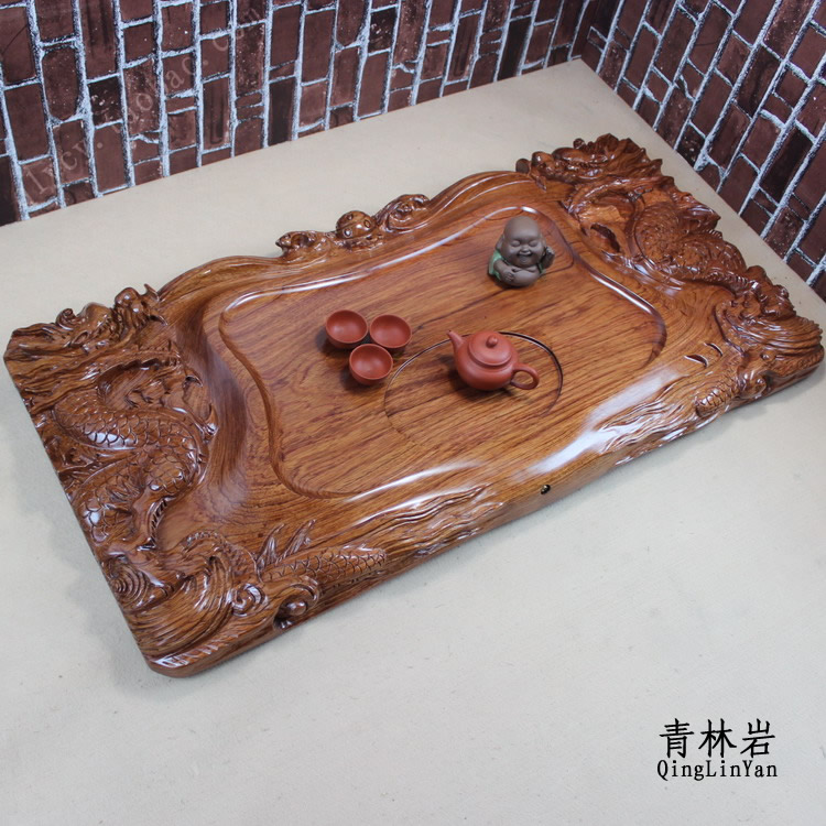 青林岩 花梨木茶盘 包邮整块原木实木茶盘茶具茶海茶台 双龙戏珠