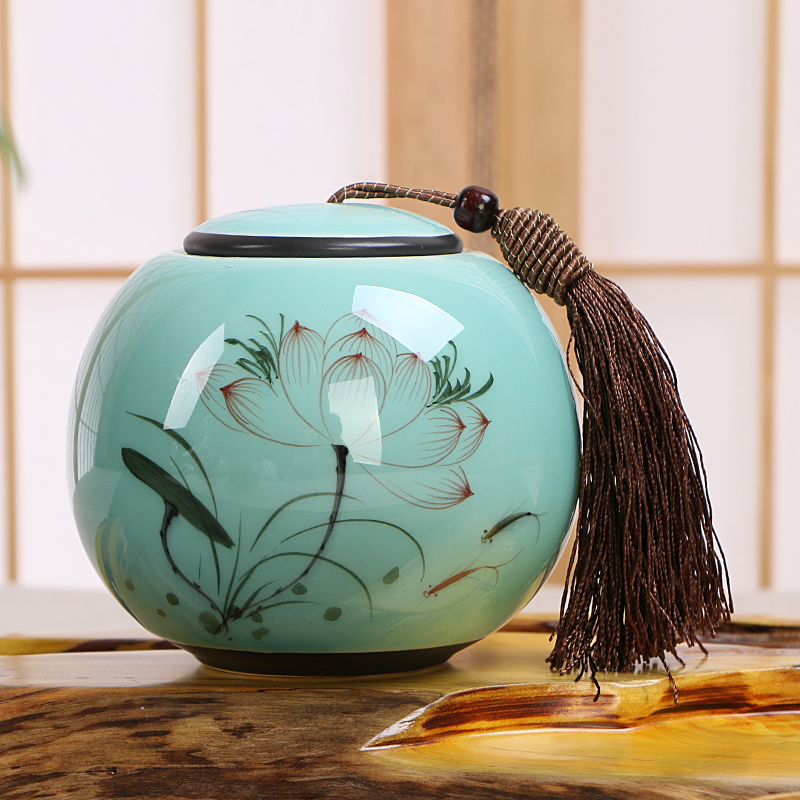 【天天特价】手绘青瓷茶叶罐 红茶普洱密封罐储茶罐陶瓷大号