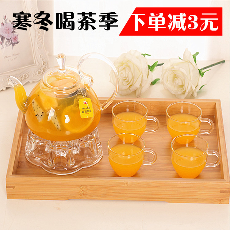 加厚耐热玻璃花茶壶煮泡新鲜水果茶壶套装蜡烛可加热茶具透明过滤