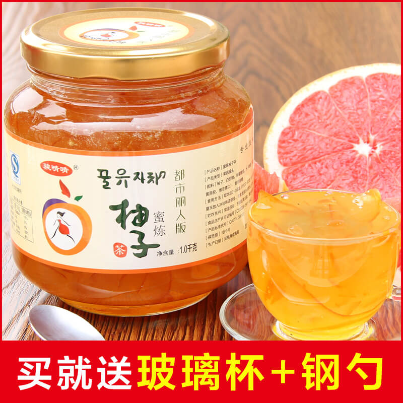 [送杯勺]骏晴晴E味蜂蜜柚子茶1000g 韩国风味蜜炼酱果味茶冲饮