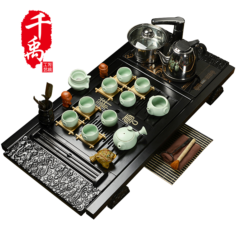 冰裂茶具套装特价 整套紫砂功夫茶具家用实木茶盘带电磁炉组合