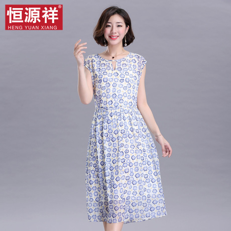 恒源祥桑蚕丝连衣裙女碎花中老年新款妈妈夏装真丝长裙波点背心裙商品大图