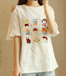 淘宝网露肩卡通刺绣短袖衬衫 原价65元 拍下价