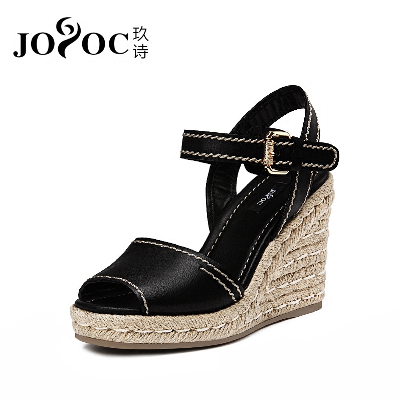 jooc/玖诗夏新款牛皮麻绳编织厚底凉鞋坡跟高跟一字扣女凉鞋1631