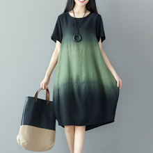 绵绸休闲连衣裙女麻 大码 新品 宽松撞色拼接短袖 复古文艺中长款 夏装