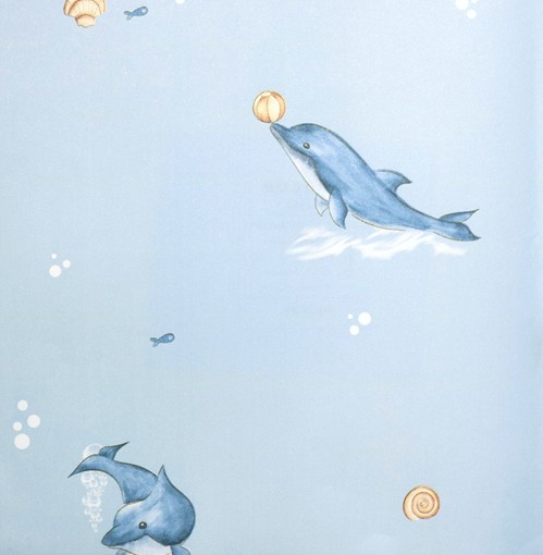 浅蓝色海豚墙纸 地中海蓝色卡通壁纸 淡粉色浅黄色海洋风儿童墙纸
