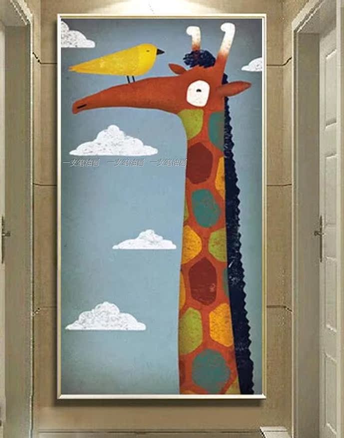 纯手绘油画动物画现代简约长颈鹿抽象画北欧装饰画客玄关挂画包邮