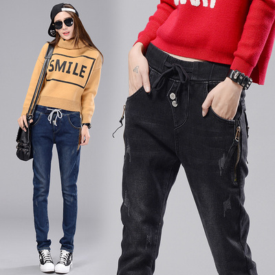 冬季松紧腰带加厚加绒高腰牛仔裤女长裤中学生