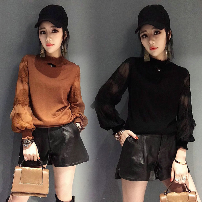 蕾丝灯笼袖针织衫女套头欧洲站秋装2017新款欧货高领毛衣女上衣潮