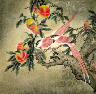 国画工笔花鸟寿桃画 手绘精品 谢世昌 四尺斗方 收藏送礼x24090 新品