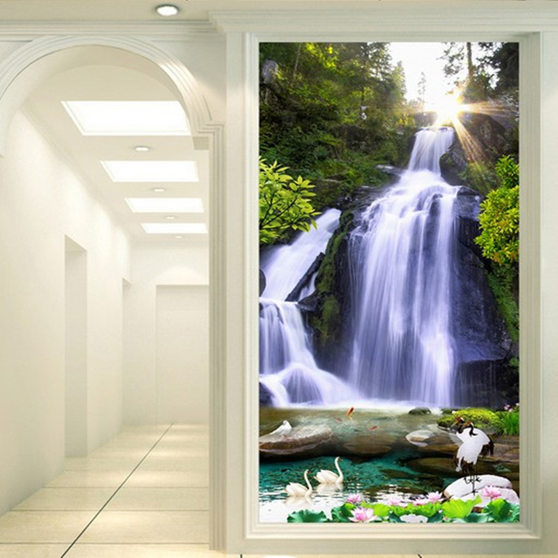 3d5d立体玄关过道走廊竖版新清绿色自然瀑布背景墙纸壁纸壁画