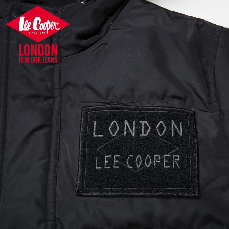 lee cooper男装秋冬新款logo贴片黑色连帽羽绒服外套