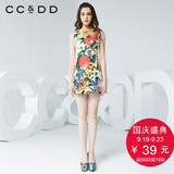 CCDD秋装田园大花热带风印花暗纹提花无袖连衣裙