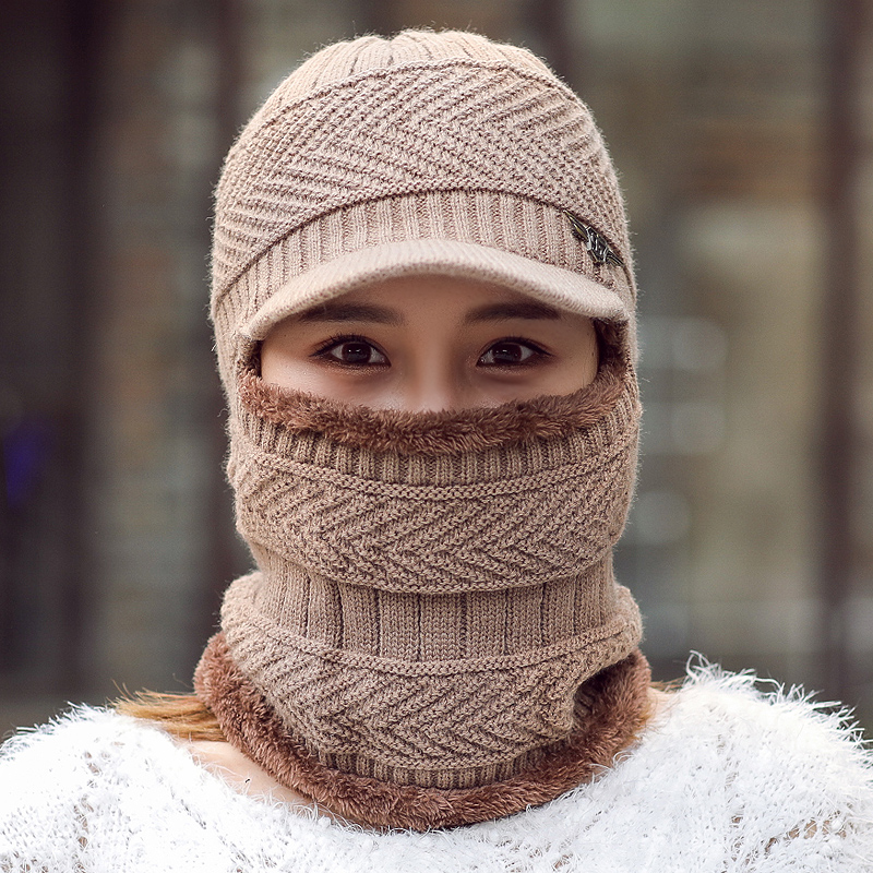 毛线帽子女秋冬天针织帽加长护脖女士骑车防风护耳帽子加绒连体帽