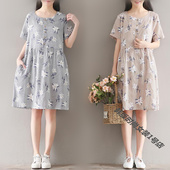 连衣裙 中长版文艺显瘦新款 半开衫 森女系棉麻风复古细条纹印花短袖