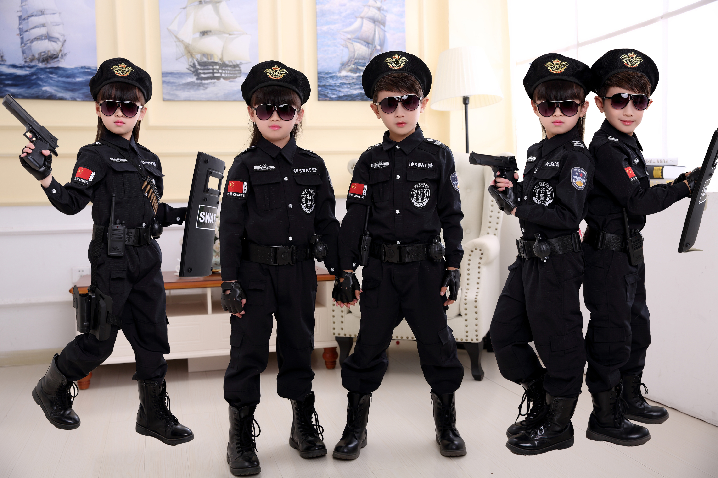儿童黑猫警长衣服小军装男女警官幼儿园舞台小警察制服特警表演服