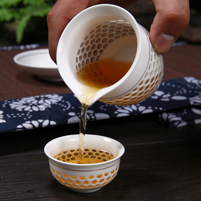 青花瓷功夫茶具蜂窝青花瓷白金水晶蜂巢玲珑茶具套装镂空盖碗包邮