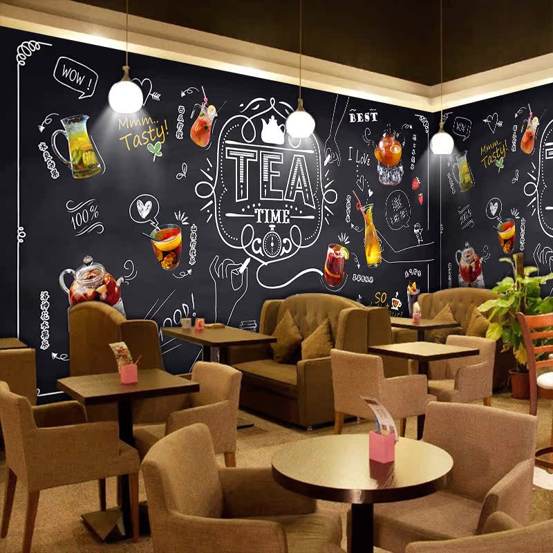 水果奶茶店墙纸个性餐厅休闲吧粉笔黑板背景墙创意壁纸