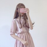 2017新款夏季女装韩版时尚学生宽松蕾丝拼接短袖格子收腰连衣裙女