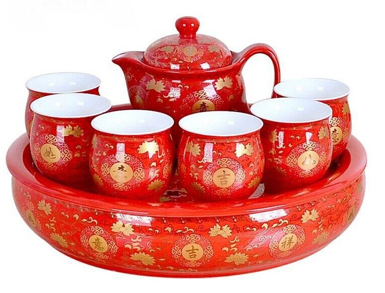 特价 红色青花瓷陶瓷功夫茶具套装茶盘整套双层隔热杯结婚庆礼品