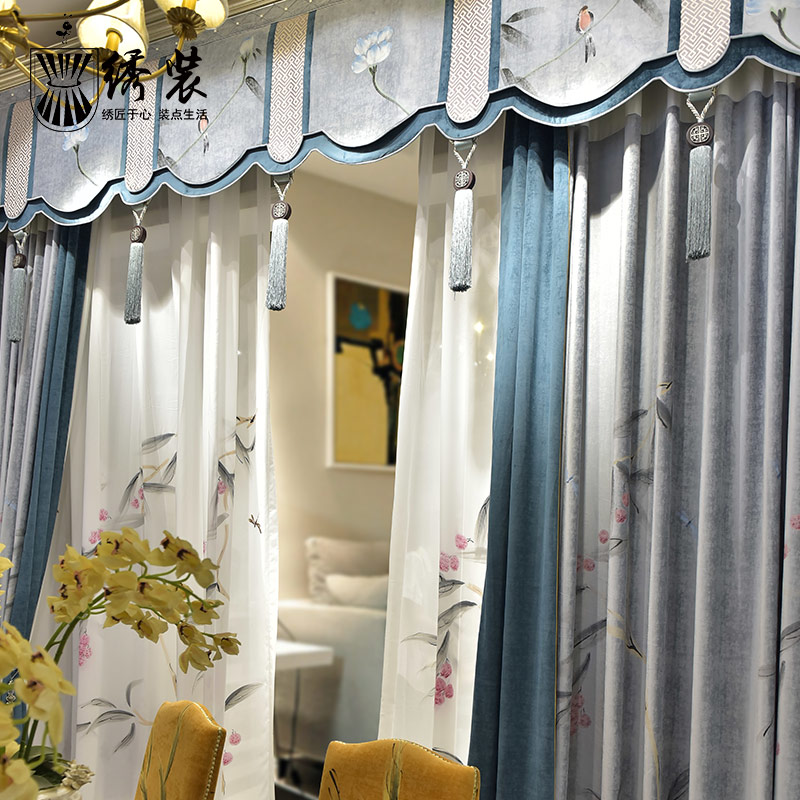中式君子竹窗帘卧室手绘绒布新中式窗帘客厅高档现代中式明清古典