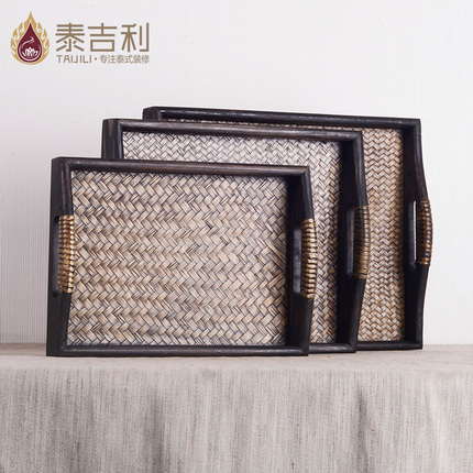 泰式美容院spa精油托盘 酒店会所茶室长方形木制竹编茶盘茶具包邮