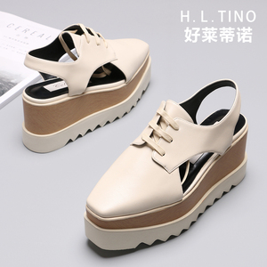 包头镂空系带松糕厚底鞋