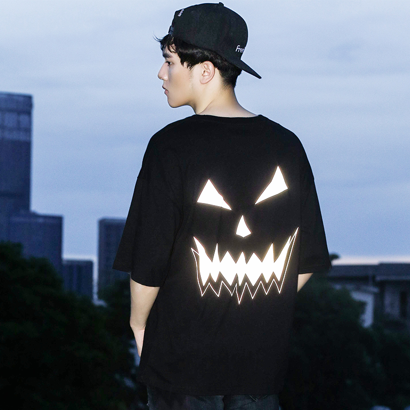 holy shit二代万圣节笑脸鬼脸恶魔3m反光宽松五分袖短袖男女tee恤