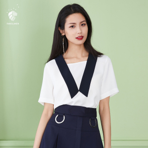 撞色海军风V领雪纺衫