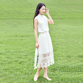 小清新背心真丝小白裙无袖 连衣裙 长款 新款 初蝉原创设计春夏季女装
