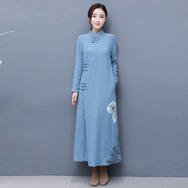 春夏季2017新款棉麻茶服女中国风女装长款长裙居士服民族风连衣裙