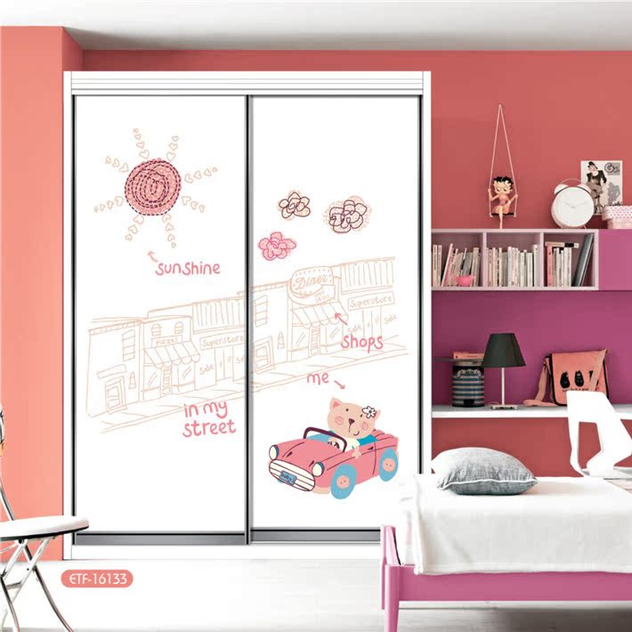 衣柜门定制移门推拉门 现代简约衣橱门 儿童房卡通柜门彩绘环保