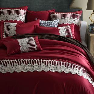 婚庆四件套酒红色床品结婚家纺多件套蕾丝床上用品被套里床单纯棉