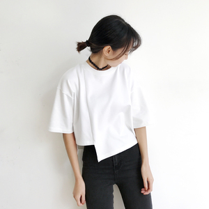 纯色不规则下摆圆领五分袖TEE