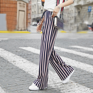 竖条纹阔腿裤女