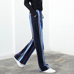 条纹阔腿松紧腰裤子