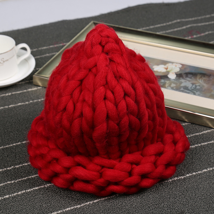 红色毛线帽子 加厚保暖针织帽纯色 糖果色超粗手工毛线卷边巫师帽