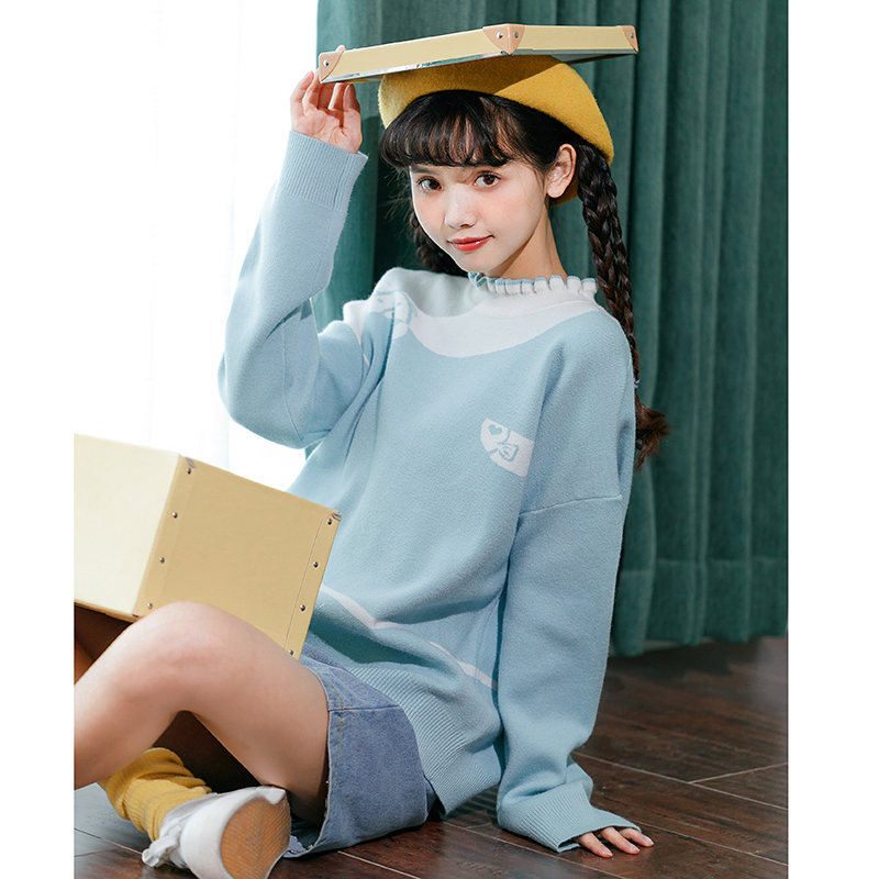 日系森女系小清新少女立体毛球拼色中长款针织衫套头外套毛衣秋冬