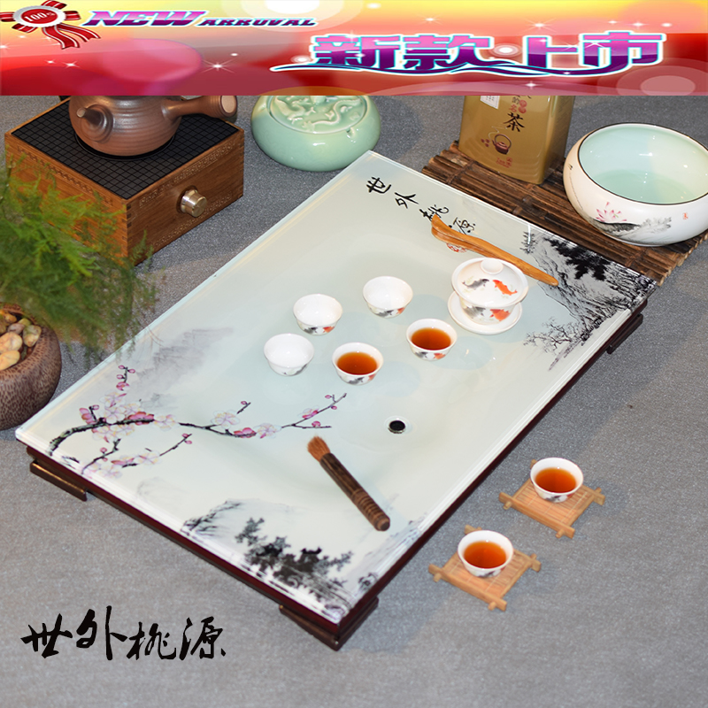 茶盘特价钢化玻璃功夫茶具陶瓷茶盘琉璃排水大号单层茶盘托盘茶海
