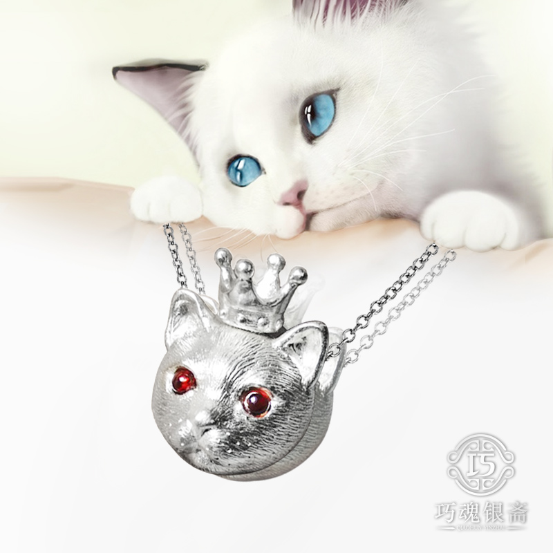 原创纯手工吊坠皇冠猫925纯银锁骨链项坠饰品 萌猫咪镶嵌饰品包邮