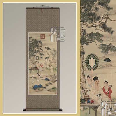 清郎世宁弘历观画图中式国画字画古画人物书房客厅装饰画挂画卷轴