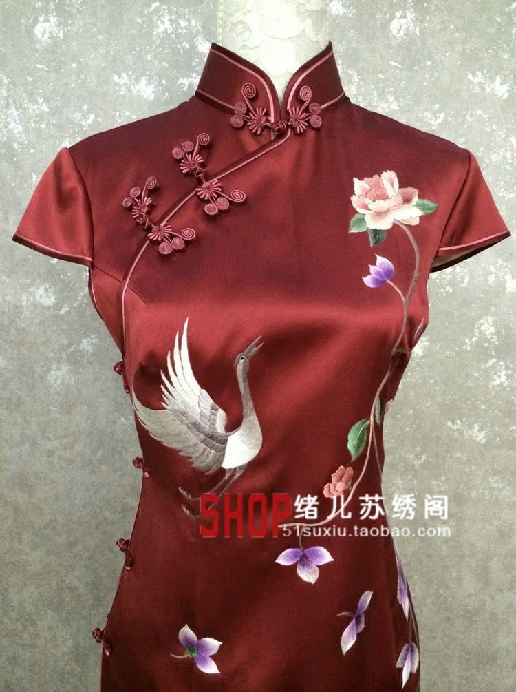 苏绣旗袍礼服女真丝手工绣花精品酒红色牡丹仙鹤旗袍苏绣刺绣礼品