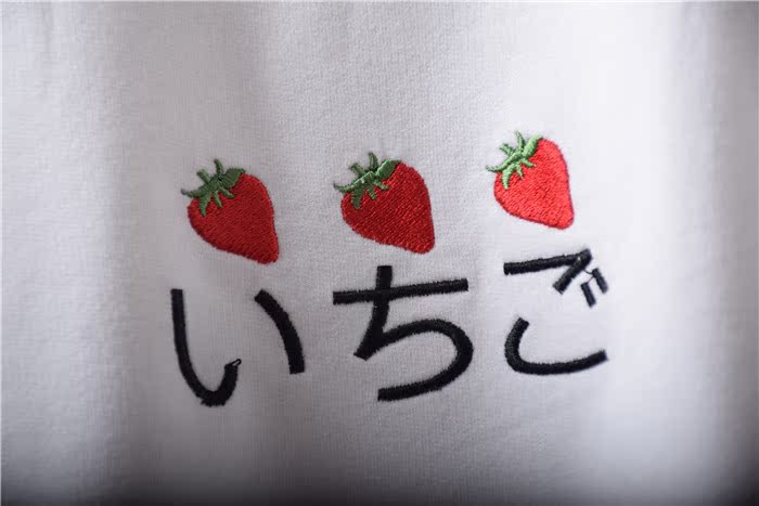 日系软妹元气少女可爱童趣日文草莓刺绣拼接撞色圆领长袖打底卫衣