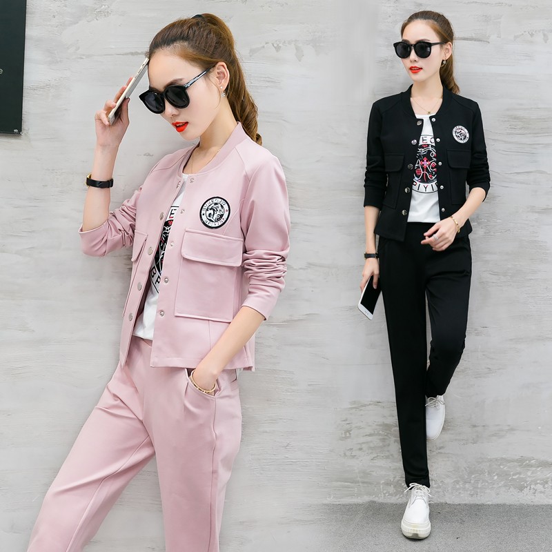 2017秋装新款时尚运动服套装女装高中初中学生韩版休闲卫衣三件套