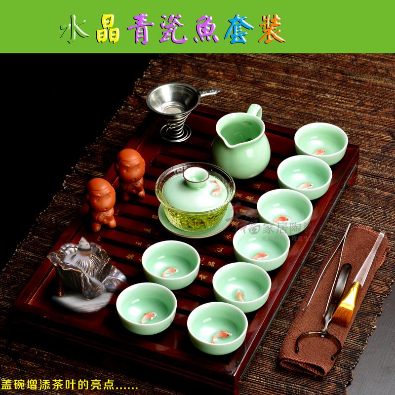 厂家直销套装  整套冰裂青瓷窑变茶具排水储水抽屉式茶台实木