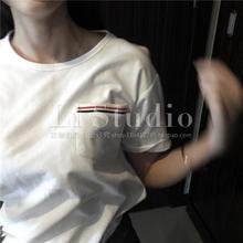 红白蓝织带珠地棉网格tb风格 TEE T恤简约白色情侣男女短袖 新款 夏装